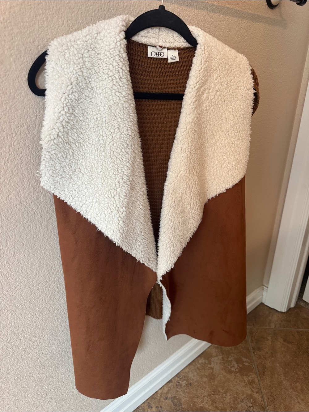 Cato Brown Faux-Suede Vest with Cream Sherpa Collar